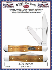  W.R. Case & Sons Cutlery CA47129 Case XX� Yellow Curly Oak Swell Center Jack 3" Closed 2-1/4" Clip 1-5/8" Pen Blade Tru-Sharp Surgical Stainless Steel Pocket Knife 
