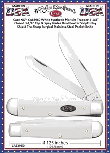 W.R. Case & Sons Cutlery CA63960 Case XX� White Synthetic Handle Trapper 4-1/8" Closed 3-1/4" Clip & Spey Blades Oval Pewter Script Inlay Shield Tru-Sharp Surgical Stainless Steel Pocket Knife 