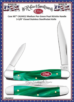 W.R. Case & Sons Cutlery CA25512 Case XX™ Medium Pen Green Pearl Kirinite Handle 3-3/8" Closed Stainless Steel Pocket Knife W.R. Case & Sons Cutlery CA25512 Case XX™ Medium Pen Green Pearl Kirinite Handle 3-3/8" Closed Stainless Steel Pocket Knife