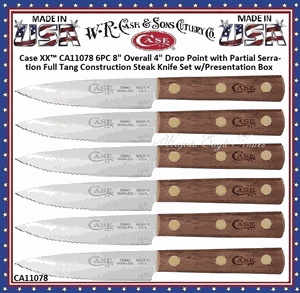 W.R. Case & Sons Cutlery CA11078 Case XX� 6PC 8" Overall 4" Drop Point with Partial Serration Full Tang Construction Steak Knife Set w/Presentation Box