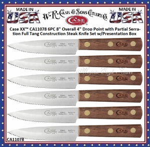 W.R. Case & Sons Cutlery CA11078 Case XX™ 6PC 8" Overall 4" Drop Point with Partial Serration Full Tang Construction Steak Knife Set w/Presentation Box W.R. Case & Sons Cutlery CA11078 Case XX™ 6PC 8" Overall 4" Drop Point with Partial Serration Full Tang Construction Steak Knife Set w/Presentation Box