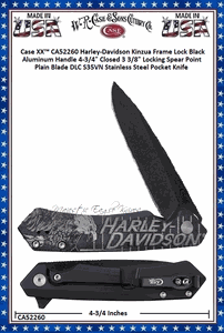 W.R. Case & Sons Cutlery CA52260 Case XX� Harley-Davidson Kinzua Frame Lock Black Aluminum Handle 4-3/4" Closed 3-3/8" Locking Spear Point Plain Blade DLC S35VN Stainless Steel Pocket Knife