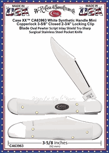W.R. Case & Sons Cutlery CA63963 Case XX� White Synthetic Handle Mini Copperlock 3-5/8" Closed 2-3/4" Locking Clip Blade Oval Pewter Script Inlay Shield Tru-Sharp Surgical Stainless Steel Pocket Knife 