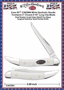 W.R. Case & Sons Cutlery CA63964 Case XX� White Synthetic Handle Toothpick 3" Closed 2-1/4" Long Clip Blade Oval Pewter Script Inlay Shield Tru-Sharp Surgical Stainless Steel Pocket Knife 