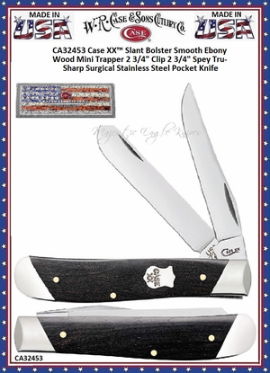 W.R. Case & Sons Cutlery CA32453 Case XX� Slant Bolster Smooth Ebony Wood Mini Trapper 2 3/4" Clip 2 3/4" Spey Tru-Sharp Surgical Stainless Steel Pocket Knife 