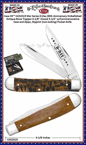 W.R. Case & Sons Cutlery CA52019 Case XX� War Series D-Day 80th Anniversary Embellished Antique Bone Trapper 4-1/8" Closed 3-1/4" Clip​ 3-1/4" Spey Plain Blade w/Commemorative Case and Zippo, Lighter Pocket Knife