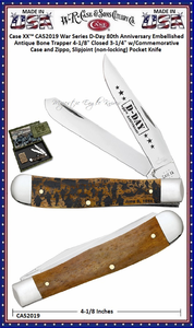 W.R. Case & Sons Cutlery CA52019 Case XX™ War Series D-Day 80th Anniversary Embellished Antique Bone Trapper 4-1/8" Closed 3-1/4" Clip​ 3-1/4" Spey Plain Blade w/Commemorative Case and Zippo, Lighter Pocket Knife W.R. Case & Sons Cutlery CA52019 Case XX™ War Series D-Day 80th Anniversary Embellished Antique Bone Trapper 4-1/8" Closed 3-1/4" Clip​ 3-1/4" Spey Plain Blade w/Commemorative Case and Zippo, Lighter Pocket Knife