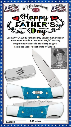 W.R. Case & Sons Cutlery CA10629 Case XX™ Father's Day Sawcut Jig Caribbean Blue Bone Handle 3.00 Closed 2-3/4 Cip Point Plain Blade Tru-Sharp Surgical Stainless Steel Pocket Knife w/Gift Tin W.R. Case & Sons Cutlery CA10629 Case XX™ Father's Day Sawcut Jig Caribbean Blue Bone Handle 3.00 Closed 2-3/4 Cip Point Plain Blade Tru-Sharp Surgical Stainless Steel Pocket Knife w/Gift Tin
