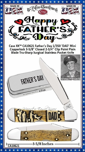 W.R. Case & Sons Cutlery CA10621 Case XX™ Father's Day 1/350 'DAD' Color-washed Natural Bone Handle Mini Copperlock 3-5/8" Closed 2-3/4" Locking Clip Point Plain Blade Tru-Sharp Surgical Stainless Steel Pocket Knife w/Gift Tin W.R. Case & Sons Cutlery CA10621 Case XX™ Father's Day 1/350 'DAD' Color-washed Natural Bone Handle Mini Copperlock 3-5/8" Closed 2-3/4" Locking Clip Point Plain Blade Tru-Sharp Surgical Stainless Steel Pocket Knife w/Gift Tin