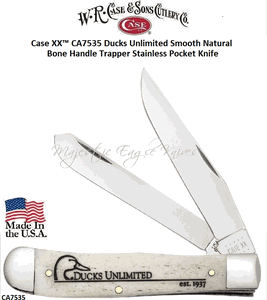 W.R. Case & Son's Cutlery CA7535 CASE XX� Ducks Unlimited smooth natural bone handles with a laser embellished Ducks Unlimited Engraving Large Trapper Pocket Knife 