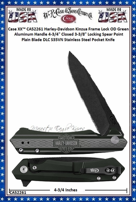 W.R. Case & Sons Cutlery CA52261 Case XX™ Harley-Davidson Kinzua Frame Lock OD Green Aluminum Handle 4-3/4" Closed 3-3/8" Locking Spear Point Plain Blade DLC S35VN Stainless Steel Pocket Knife W.R. Case & Sons Cutlery CA52261 Case XX™ Harley-Davidson Kinzua Frame Lock OD Green Aluminum Handle 4-3/4" Closed 3-3/8" Locking Spear Point Plain Blade DLC S35VN Stainless Steel Pocket Knife