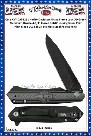 W.R. Case & Sons Cutlery CA52261 Case XX� Harley-Davidson Kinzua Frame Lock OD Green Aluminum Handle 4-3/4" Closed 3-3/8" Locking Spear Point Plain Blade DLC S35VN Stainless Steel Pocket Knife 