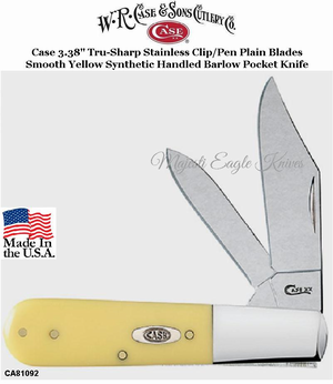 W.R. Case & Son's Cutlery CA81092 Case 3.38" Tru-Sharp Stainless Clip/Pen Plain Blades Smooth Yellow Synthetic Handled Barlow Pocket Knife 