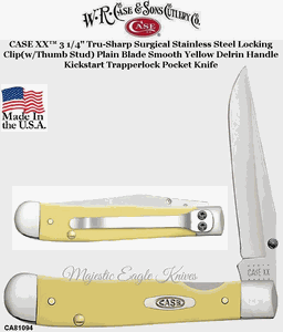 W.R. Case & Son's Cutlery CA81094 CASE XX� 3 1/4" Tru-Sharp Surgical Stainless Steel Locking Clip(w/Thumb Stud) Plain Blade Smooth Yellow Delrin Handle Kickstart Trapperlock Pocket Knife