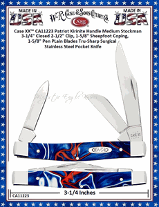 W.R. Case & Sons Cutlery CA11223 Case XX� Patriot Kirinite Handle Medium Stockman 3-1/4" Closed 2-1/2" Clip, 1-5/8" Sheepfoot Coping, 1-5/8" Pen PLain Blades Tru-Sharp Surgical Stainless Steel Pocket Knife