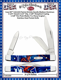 W.R. Case & Sons Cutlery CA11223 Case XX� Patriot Kirinite Handle Medium Stockman 3-1/4" Closed 2-1/2" Clip, 1-5/8" Sheepfoot Coping, 1-5/8" Pen PLain Blades Tru-Sharp Surgical Stainless Steel Pocket Knife