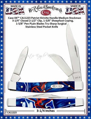 W.R. Case & Sons Cutlery CA11223 Case XX™ Patriot Kirinite Handle Medium Stockman 3-1/4" Closed 2-1/2" Clip, 1-5/8" Sheepfoot Coping, 1-5/8" Pen PLain Blades Tru-Sharp Surgical Stainless Steel Pocket Knife W.R. Case & Sons Cutlery CA11223 Case XX™ Patriot Kirinite Handle Medium Stockman 3-1/4" Closed 2-1/2" Clip, 1-5/8" Sheepfoot Coping, 1-5/8" Pen PLain Blades Tru-Sharp Surgical Stainless Steel Pocket Knife