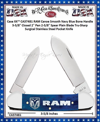 W.R. Case & Sons Cutlery CA37481 Case XX� RAM Canoe Smooth Navy Blue Bone Handle 3-5/8" Closed 2" Pen 2-5/8" Spear Plain Blade Tru-Sharp Surgical Stainless Steel Pocket Knife