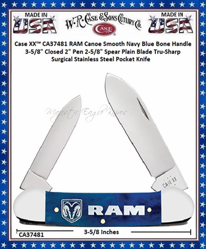 W.R. Case & Sons Cutlery CA37481 Case XX� RAM Canoe Smooth Navy Blue Bone Handle 3-5/8" Closed 2" Pen 2-5/8" Spear Plain Blade Tru-Sharp Surgical Stainless Steel Pocket Knife