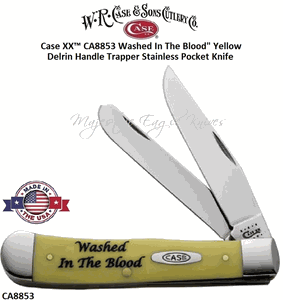 W.R. Case & Son's Cutlery CA8853 Case XX� "Washed In The Blood" Yellow Delrin Handle Trapper Stainless Pocket Knife 