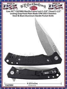 W.R. Case & Sons Cutlery CA25884 Case XX� Marilla 4-3/4" Closed 3-1/2" Locking Drop Point Plain Blade Frame Lock CPM 20CV Stainless Steel & Black Aluminum Handle Pocket Knife