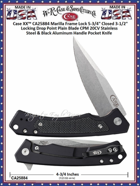 W.R. Case & Sons Cutlery CA25884 Case XX� Marilla 4-3/4" Closed 3-1/2" Locking Drop Point Plain Blade Frame Lock CPM 20CV Stainless Steel & Black Aluminum Handle Pocket Knife