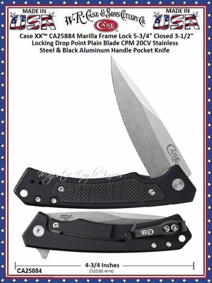 W.R. Case & Sons Cutlery CA25884 Case XX� Marilla 4-3/4" Closed 3-1/2" Locking Drop Point Plain Blade Frame Lock CPM 20CV Stainless Steel & Black Aluminum Handle Pocket Knife