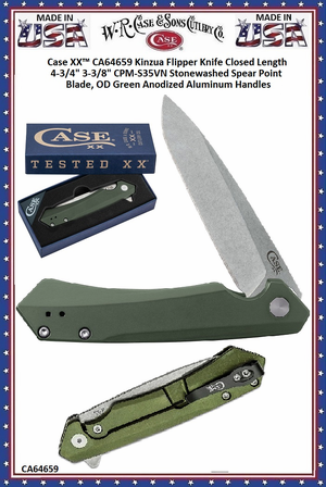 W.R. Case & Sons Cutlery  CA64659 Case XX� Kinzua 4-3/4" Closed 3-3/8" Locking Spear Frame S35VN Steel Plain Blade OD Green Aluminum Handle Pocket Knife