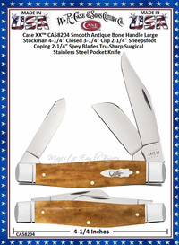  W.R. Case & Sons Cutlery CA58204 CaseXX Smooth Antique Bone Large Stockman Pocket Knife 4.25" Closed 3-1/4" Clip 2-1/4" Sheepsfoot Coping 2-1/4" Spey Tru-Sharp Surgical Stainless Steel Blades
