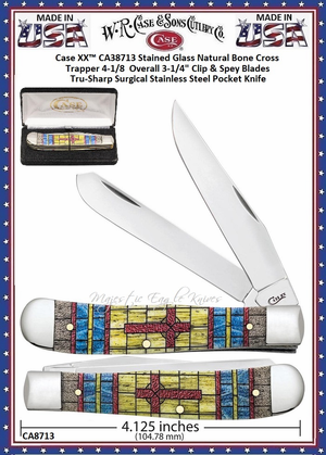 W.R. Case & Sons Cutlery Case XX� CA37813 Stained Glass Natural Bone Cross Trapper Stainless Pocket Knife 