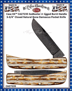 W.R. Case & Sons Cutlery Case XX CA27235 Sod Buster Jr Jigged Burnt Bone, Handle Damascus Pocket Knife 