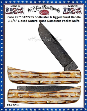 W.R. Case & Sons Cutlery Case XX CA27235 Sod Buster Jr Jigged Burnt Bone, Handle Damascus Pocket Knife W.R. Case & Sons Cutlery Case XX CA27235 Sod Buster Jr Jigged Burnt Bone, Handle Damascus Pocket Knife