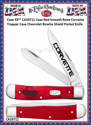 W.R. Case & Sons Cutlery Case XX™ CA33711 Case Red Smooth Bone Corvette Trapper Case Chevrolet Bowtie Shield Pocket Knife W.R. Case & Sons Cutlery Case XX™ CA33711 Case Red Smooth Bone Corvette Trapper Case Chevrolet Bowtie Shield Pocket Knife