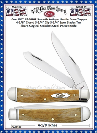 W.R. Case & Son's Cutlery Case XX� CA58182 Smooth Antique Bone Handle Trapper 4-1/8" Closed 3 -1/4" Clip 3-1/4" Spey Tru-sharp Surgical Stainless Steel Plain Blades Stainless Pocket Knife 