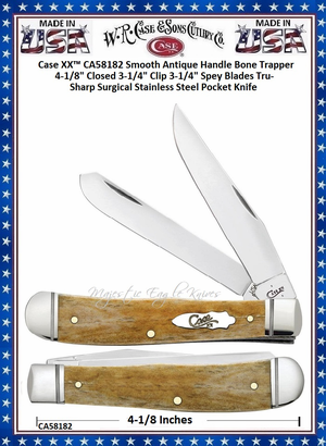W.R. Case & Son's Cutlery Case XX� CA58182 Smooth Antique Bone Handle Trapper 4-1/8" Closed 3 -1/4" Clip 3-1/4" Spey Tru-sharp Surgical Stainless Steel Plain Blades Stainless Pocket Knife 