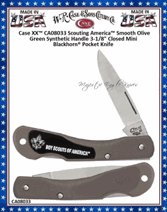 W.R. Case & Sons CA08033 Case XX� Scouting America� Smooth Olive Green Synthetic Handle 3-1/8" Closed Mini Blackhorn� Pocket Knife