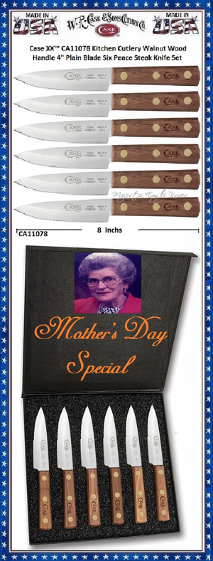 W.R. Case & Sons CA11078 Case XX� Kitchen Cutlery Walnut Wood Handle 4" Serrated Blade Six Peace Steak Knife Set 