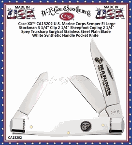 W.R. Case & Sons Case XX� CA13202 U.S. Marine Corps Semper Fi Large Stockman 3 1/4" Clip 2 1/4" Sheepfoot Coping 2 1/4" SpeyTru-sharp Surgical Stainless Steel Plain Blade White Synthetic Handle Pocket Knife