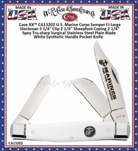 W.R. Case & Sons Case XX™ CA13202 U.S. Marine Corps Semper Fi Large Stockman 3 1/4" Clip 2 1/4" Sheepfoot Coping 2 1/4" SpeyTru-sharp Surgical Stainless Steel Plain Blade White Synthetic Handle Pocket Knife W.R. Case & Sons Case XX™ CA13202 U.S. Marine Corps Semper Fi Large Stockman 3 1/4" Clip 2 1/4" Sheepfoot Coping 2 1/4" SpeyTru-sharp Surgical Stainless Steel Plain Blade White Synthetic Handle Pocket Knife