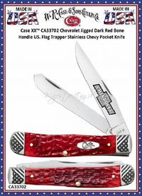 W.R. Case & Sons CA33702 Case XX� Chevrolet Jigged Dark Red Bone Handle US. Flag Trapper Stainless Chevy Pocket Knife 