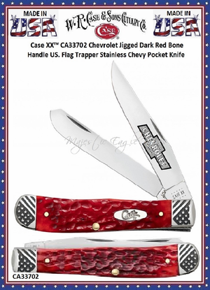 W.R. Case & Sons CA33702 Case XX� Chevrolet Jigged Dark Red Bone Handle US. Flag Trapper Stainless Chevy Pocket Knife 