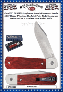 W.R. Case & Sons Cutlery CA50909 Case XX� Longhouse Smooth Rosewood Handle 4" Closed 3" Locking Clip Point Stonewash Satin CPM 20CV Stainless Steel Pocket Knife 