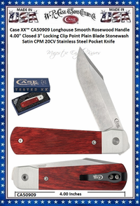 W.R. Case & Sons Cutlery CA50909 Case XX� Longhouse Smooth Rosewood Handle 4" Closed 3" Locking Clip Point Stonewash Satin CPM 20CV Stainless Steel Pocket Knife 