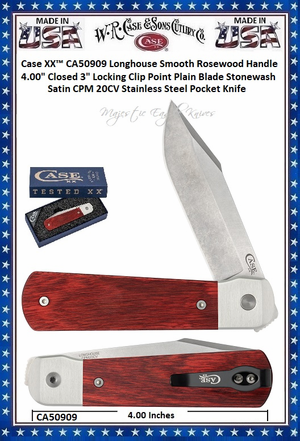 W.R. Case & Sons Cutlery CA50909 Case XX™ Longhouse Smooth Rosewood Handle 4" Closed 3" Locking Clip Point Stonewash Satin CPM 20CV Stainless Steel Pocket Knife W.R. Case & Sons Cutlery CA50909 Case XX™ Longhouse Smooth Rosewood Handle 4" Closed 3" Locking Clip Point Stonewash Satin CPM 20CV Stainless Steel Pocket Knife