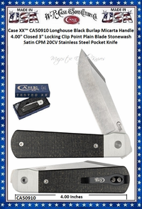 W.R. Case & Sons Cutlery CA50910 Case XX� Longhouse Black Burlap Micarta Handle 4" Closed 3" Locking Clip Point Stonewash Satin CPM 20CV Stainless Steel Pocket Knife 
