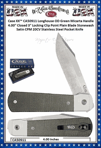 W.R. Case & Sons Cutlery CA50911 Case XX� Longhouse OD Green Micarta Handle 4" Closed 3" Locking Clip Point Stonewash Satin CPM 20CV Stainless Steel Pocket Knife 
