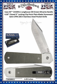 W.R. Case & Sons Cutlery CA50911 Case XX� Longhouse OD Green Micarta Handle 4" Closed 3" Locking Clip Point Stonewash Satin CPM 20CV Stainless Steel Pocket Knife 