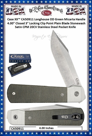 W.R. Case & Sons Cutlery CA50911 Case XX� Longhouse OD Green Micarta Handle 4" Closed 3" Locking Clip Point Stonewash Satin CPM 20CV Stainless Steel Pocket Knife 