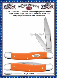 W.R. Case & Sons Cutlery CA80517 Case XX� Medium Jack Orange Synthetic Handle 3-3/8" Closed 2-1/2" Clip 1-7/8" Pen Plane Blade Tru-Sharp Surgical Stainless Steel Pocket Knife