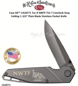 W.R. Case & Sons Cutlery​ CA18771 Case XX� NWTF Tec X TS1-T Linerlock Knife Gray Finish Stainless Drop Point Plain Blade High Grade 440 Stainless Steel Titanium Coat with Pocket Clip Blade